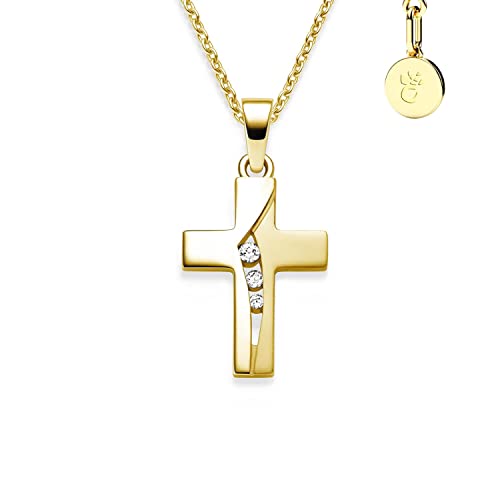 Kreuz Kette Mädchen Gelbgold (Silber 925 vergoldet) | Kreuz-Anhänger Halskette Kreuzkette | Kinder-Schmuck Erst-Kommunion Tauf-Geschenk Konfirmation Firmung Geburt | individuelle Gravur personalisiert von Amoonìc