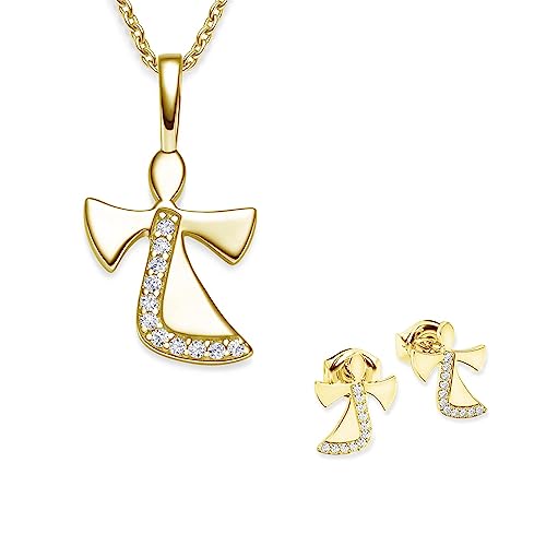 Amoonìc Schmuckset Mädchen Gold (Silber 925 vergoldet) Engel Kette Kommunion Geschenke für Mädchen Schmuck Schutzengel Kette Kinder Geschenke Taufe Geschenke zur Geburt Kinderkette Halskette Ohrringe von Amoonìc