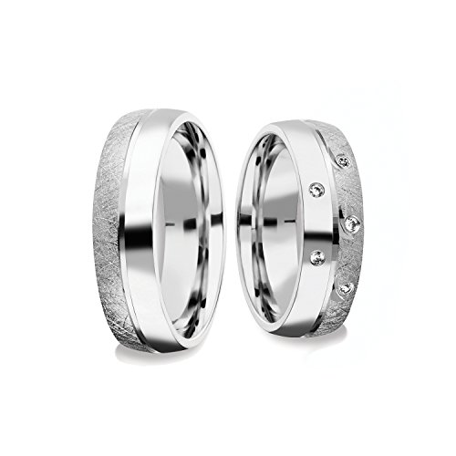 Eheringe Verlobungsringe Silber 925 *mit Etui Gravur* Paar Trauringe Freundschaftsringe Zirkonia Ringpaar Partnerringe Weißgold Platin Optik Hochzeitsringe 6mm matt Paarpreis FF382SS925ZIFA-65664 von Amoonìc