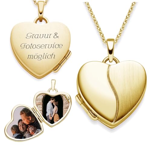 Herz Medaillon zum Öffnen für Bilder Gelbgold | Kette Damen Medallion mit Bild | Foto Amulett Anhänger Herzmedallion| Halskette Herzkette mit Gravur von Amoonìc