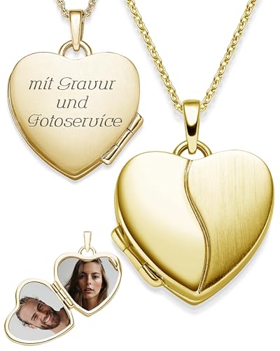 Herz Medaillon zum Öffnen für Bilder Gelbgold | Kette Damen Medallion mit Bild | Foto Amulett Anhänger Herzmedallion| Halskette Herzkette mit Gravur von Amoonic