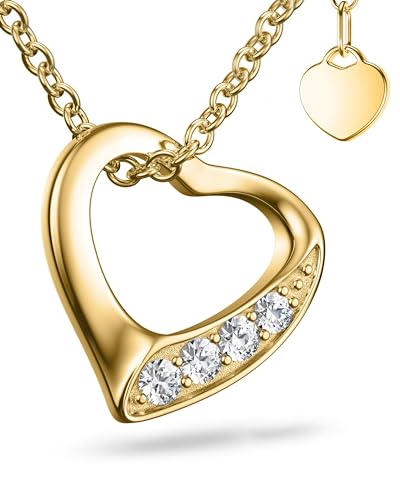 Herzkette Gold von AMOONIC mit * Zirkonia Silber 925 hochwertig vergoldet* Geschenk-Idee Freundin Frauen Valentinstag Liebe Gold-Kette mit Herz Stein Damen-Kette Anhänger FF02VGGGZIFA45-5 von Amoonìc