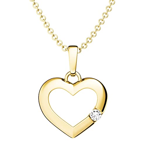 Herzkette Gold Damen Zirkonia Stein Damen-Kette GRATIS Etui mit Gravur (Silber 925 vergoldet) Echt-Schmuck Herz-Anhänger Halskette wie Diamant Gold-Kette Frauen Freundin klein fein FF518VGGGZIFA45 von Amoonic