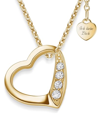 Herzkette Halskette Damen Gold (Silber 925 vergoldet) Kette mit Herz-Anhänger Ich liebe Dich mit Zirkonia-Steinen Schmuck Geschenke für Frauen Sie Freundin mit Gravur zum Jahrestag Liebesgeschenk von Amoonìc