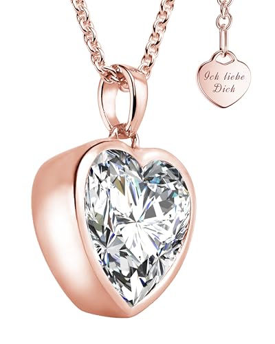 Herzkette Halskette Damen Rosegold (Silber 925 vergoldet) Kette mit Zirkonia Herz-Anhänger Ich liebe Dich (45-50cm) Schmuck Geschenke für Frauen Sie Freundin mit Gravur zum Jahrestag Liebesgeschenk von Amoonìc