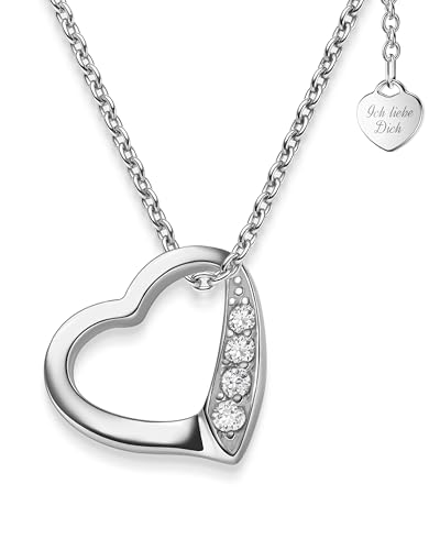 Amoonic Herzkette Silber 925 | Halskette Damen (45-50cm) mit Zirkonia Herzanhänger | Kette Silberkette mit Herz als Liebesbeweis Ich liebe Dich Schmuck Geschenk für Frauen Mama Freundin Sie Ehefrau von Amoonic