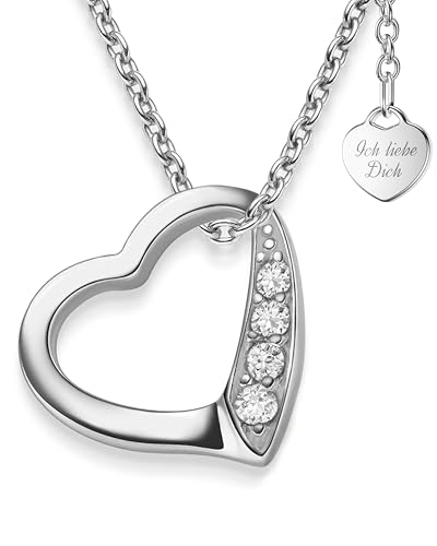 Herzkette Silber 925 Damen Halskette Kette mit Herz-Anhänger Ich liebe Dich (45-50cm) Silberkette mit Zirkonia-Steinen Schmuck Geschenke für Frauen Sie Freundin mit Gravur zum Jahrestag Liebesgeschenk von Amoonìc