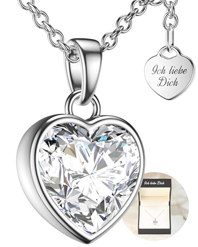 Herzkette Silber 925 Damen Halskette Kette mit Herz-Anhänger Ich liebe Dich (45-50cm) Silberkette mit Zirkonia-Herz Schmuck Geschenke für Frauen Sie Mama Freundin mit Gravur zum Jahrestag Jubiläum von Amoonic