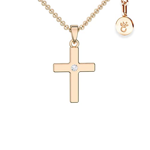 Amoonic Kreuz Kette Mädchen Rosegold (Silber 925 vergoldet)| Kreuz-Anhänger Halskette | Kinder-Schmuck Erst-Kommunion Tauf-Geschenk Konfirmation Firmung Geburt Taufe | Goldkette Kreuzkette Taufkette von Amoonic