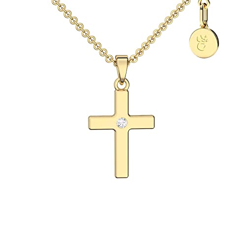 Amoonìc Kreuz Kette Mädchen Gold (Silber 925 vergoldet) | Kreuz-Anhänger Halskette | Kinder-Schmuck Erst-Kommunion Tauf-Geschenk Konfirmation Firmung Geburt Taufe | Etui-Gravur Gott behüte Dich von Amoonìc