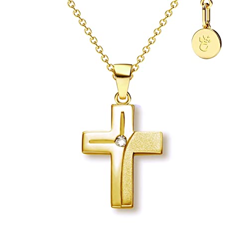 Kreuz Kette Mädchen Gold (Silber 925 vergoldet) | Kreuz-Anhänger Halskette | Kinder-Schmuck Erst-Kommunion Tauf-Geschenk Konfirmation Firmung Geburt Taufe | Goldkette Kreuzkette Taufkette von Amoonic