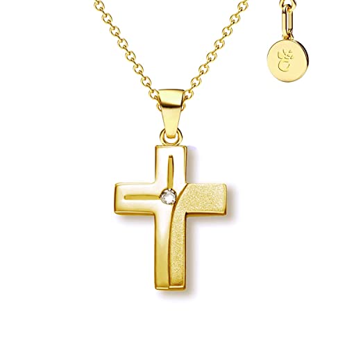Kreuz Kette Mädchen Gelbgold (Silber 925 vergoldet) | Kreuz-Anhänger Halskette mit Zirkonia | Kinderkette Kommunionsgeschenk Tauf-Geschenk Konfirmation Firmung Geburt Taufe | Kreuzkette mit Gravur von Amoonìc