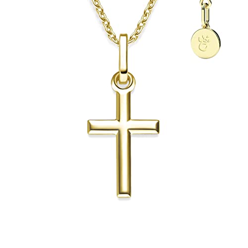 Amoonic Kreuz Kette Mädchen Gold (Silber 925 vergoldet) | Kreuz-Anhänger Halskette | Kinder-Schmuck Erst-Kommunion Tauf-Geschenk Konfirmation Firmung Geburt Taufe | Goldkette Kreuzkette Taufkette von Amoonic