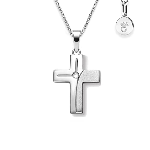 Kreuz Kette Mädchen Kommunion Echtsilber 925 | Kreuz-Anhänger Halskette Kreuzkette mit Zirkonia-Stein | Kinder-Schmuck Erstkommunion Tauf-Geschenk Konfirmation Firmung Geburt Taufe | Etui-Gravur von Amoonìc