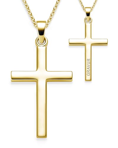 Kreuz Kette Mädchen Gold (Silber 925 vergoldet) mit Gravur | Kreuz-Anhänger Halskette | Kinder-Schmuck Erst-Kommunion Tauf-Geschenk Konfirmation Firmung Geburt Taufe | Goldkette Kreuzkette Taufkette von Amoonic