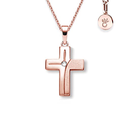 Kreuz Kette Mädchen Rosegold (Silber 925 vergoldet) | Kreuzkette Kreuz-Anhänger Halskette mit Zirkonia | Kinder-Schmuck Erst-Kommunion Tauf-Geschenk Konfirmation Firmung Geburt Taufe Taufkette von Amoonìc