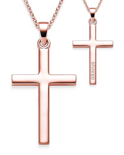 Kreuz Kette Mädchen Rosegold (Silber 925 vergoldet) mit Gravur | Kreuz-Anhänger Halskette | Kinder-Schmuck Erst-Kommunion Tauf-Geschenk Konfirmation Firmung Geburt Taufe | Kreuzkette Taufkette von Amoonic