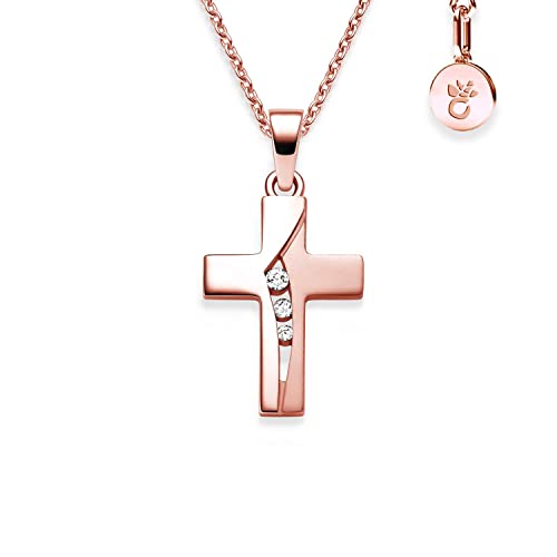 Kreuz Kette Mädchen Rosegold (Silber 925 vergoldet) | Kreuz-Anhänger Halskette mit Zirkonia | Kinder-Schmuck Erst-Kommunion Tauf-Geschenk Konfirmation Firmung Geburt Taufe | Kreuzkette Taufkette von Amoonic