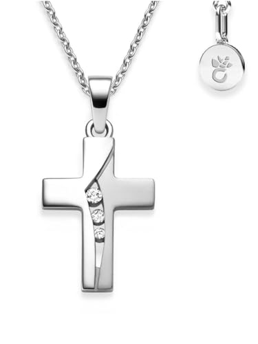Kreuz Kette Kommunion Mädchen Echtsilber 925 | Kreuz-Anhänger Halskette Kreuzkette mit Zirkonia-Steinen | Kinder-Schmuck Erstkommunion Tauf-Geschenk Konfirmation Firmung Geburt Taufe | Etui-Gravur von Amoonìc
