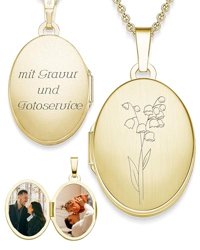 AMOONIC Medaillon Gold oval mit Geburtsblume Maiglöckchen Geburtsmonat Mai | Foto Amulett Anhänger antik vintage | personalisierte Halskette Damen AMOONIC Medaillon Gold oval mit Geburtsblume Maiglöckchen Geburtsmonat Mai | Foto Amulett Anhänger antik vintage | personalisierte Halskette Damen von Amoonìc