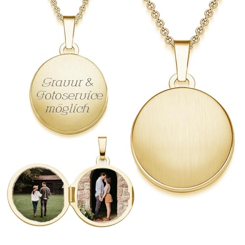 Medaillon rund zum Öffnen für Bilder Gelbgold vergoldet | Kette Damen Medallion mit Bild | Amulett Anhänger mit Foto personalisiert | Halskette mit Gravur | Schmuck Geschenk zur Erinnerung von Amoonic