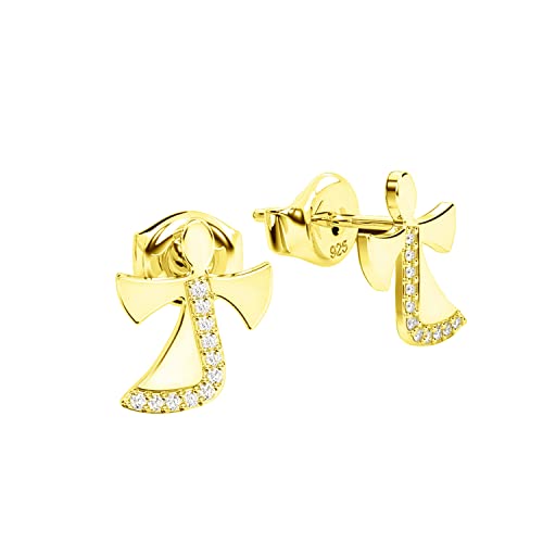 Ohrringe Engel Gold Zirkonia Ohrstecker für Kinder Mädchen Engel Silber 925 Ohrringe mit Engeln Stecker klein Schutz-Engel Flügel mit Steinen Zirkonia Engelchen Etuigravur "Ich beschütze Dich" von Amoonìc