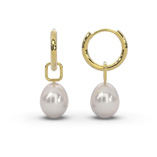 Perlenohrringe Damen Gelbgold vergoldet| Frauen Creolen klein mit Perlenanhänger| Perlen Kreolen Hoops | Perlenohrhänger Perlencreolen Ohrringe mit Süßwasserperle weiss hängend in Tropfenform von Amoonìc