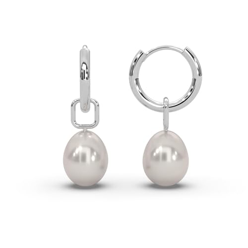 Perlenohrringe Damen Silber 925 | Frauen Creolen klein mit Perlenanhänger| Perlen Kreolen Hoops | Perlenohrhänger Perlencreolen Ohrringe mit Süßwasserperle weiss hängend in Tropfenform von Amoonìc
