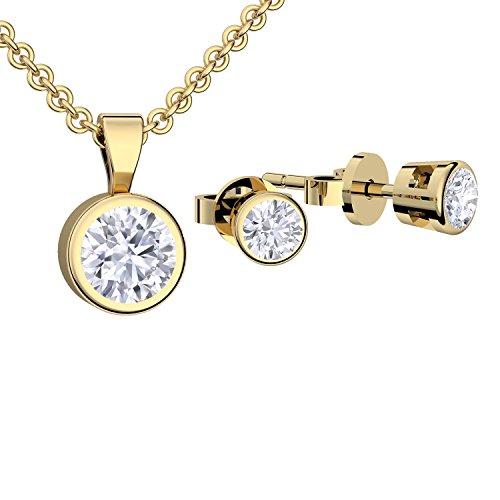 Schmuckset Gold von AMOONIC mit Zirkonia (Silber 925 hochwertig vergoldet) Zirkonia Schmuck Gelbgold Kette und Ohrringe Halskette Damenkette Hochzeit Schmuck Brautschmuck FF07VGGGZIFA45 von Amoonìc
