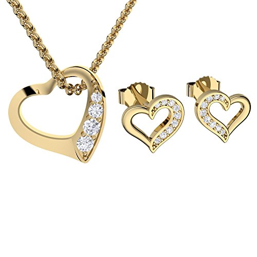 Schmuck-Set Damen Herz-Kette Gold (Silber 925 hochwertig vergoldet) & Herz-Ohrstecker Gold aus Zirkonia Geschenk-Set Frauen Echt-Schmuck strass Valentinstag Geburtstag Geschenkbox Geschenkidee von Amoonic