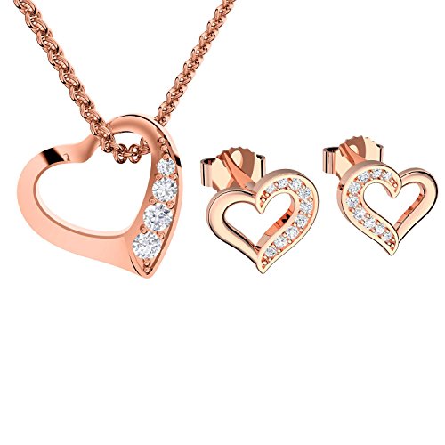 Schmuckset Rotgold Herzkette von AMOONIC mit Zirkonia und Herz Ohrringe (Silber 925 hochwertig vergoldet) Silber 925 Halskette Damenkette Damen Ohrstecker Set FF201VGRTZIFA von Amoonìc