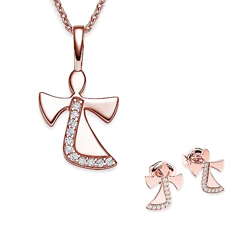 Schmuckset Mädchen Rosegold (Silber 925 vergoldet) Engel Kette Kommunion Geschenke für Mädchen Schmuck Schutzengel Kette Kinder Geburtstag Taufe Geschenke zur Geburt Kinderkette Halskette Ohrringe von Amoonic