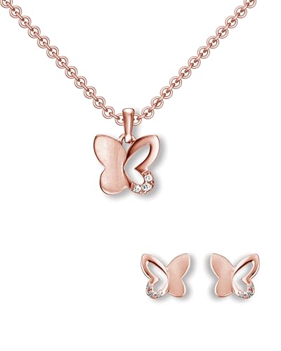 Schmuckset Mädchen Schmetterling Rosegold (Silber 925 vergoldet) | Kinder Kette Ohrringe Anhänger Halskette Ohrstecker Kinderkette mit Zirkonia Steinchen | Schmetterlings Set Kinderschmuck Geschenk von Amoonìc