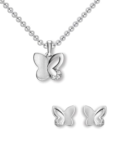 Schmuckset Mädchen Silber 925 Schmetterling Kette Kinder Ohrringe *Steinchen* Schmetterlings Kette Schmetterling Anhänger Set Halskette Ohrstecker Kinderkette Kinderschmuck Schmetterling Schmuck von Amoonic