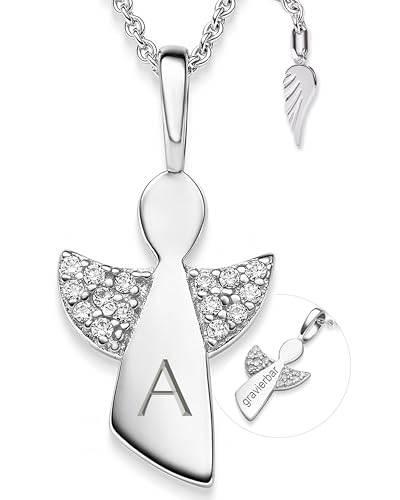 Schutzengel Kette Mädchen Kommunion Silber 925 | personalisierte Halskette mit Engel-Anhänger für Kinder mit Gravur Buchstabe Name | Kinderkette Taufkette Geschenk zur Taufe Erstkommunion Konfirmation von Amoonìc