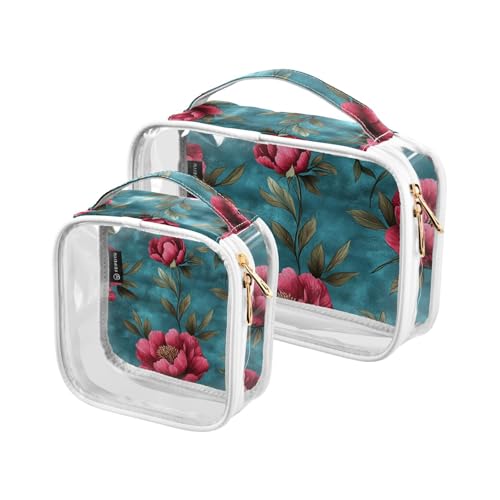 2 Pack Art Pfingstrosen Blume Teal Rot klare dekorative Herren Kulturbeutel für Reisen TSA zugelassen wasserdicht Make-up Veranstalter Tasche Männer rasieren Kit Bolsa de maquillaje, Kunst von Amooorous