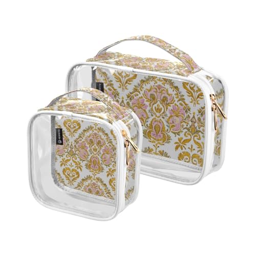 2 Stück Bohemia Retro Fashion Flower Paisley Gold Pfirsich Klar Dekorative Herren Kulturbeutel für Reisen TSA-zugelassen Multifunktional Make-up Organizer Tasche Reise Essential de maquillaje para, von Amooorous
