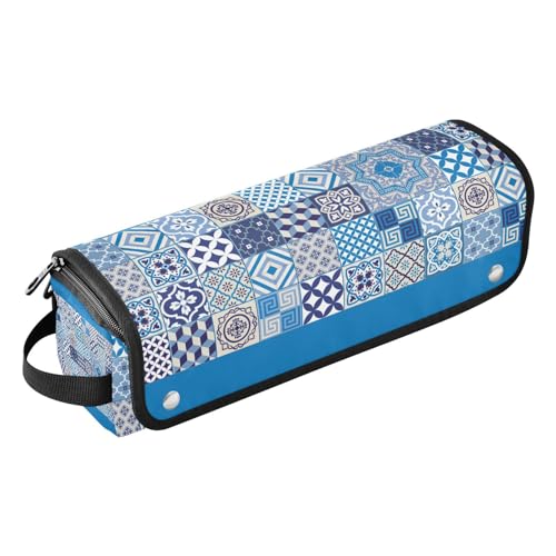 2-in-1-Haar-Werkzeug-Organizer mit herausnehmbarer, hitzebeständiger Matte, wasserdichter Lockenstab Reiseetui für Glätteisen, Glätteisen, Lockenstäbe, blau und grau, abstrakte Linien, von Amooorous