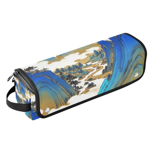 2-in-1-Haar-Werkzeug-Organizer und hitzebeständige Matte, wasserdicht, flacher Lockenstab, Reise-Organizer für Glätteisen, Lockenstäbe, Blau und Gold, chinesische Landschaft, Reisetasche für von Amooorous