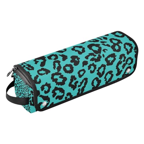 2-in-1 Lockenstab Reiseetui mit Eisenmatte, wasserdicht, flacher Lockenstab, Reise-Organizer für Flacheisen, heiße Werkzeuge und Haarpflege-Zubehör, Leopardenmuster, Blaugrün, Schwarz von Amooorous