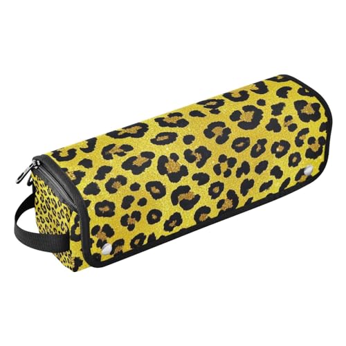 2-in-1 Lockenstab Reiseetui mit hitzebeständiger Matte, doppellagige Reise-Tragetasche für Glätteisen, Glätteisen, Lockenstäbe, gefälschter Glitzer, Leopardenmuster, gelbes Reiseetui für Frauen von Amooorous