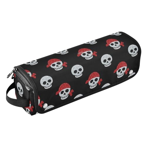 2-in-1-Lockenstab mit künstlichem Glitzer, Cartoon-Piratenschädel, cooles 2-in-1-Lockenstab, Reiseetui mit hitzebeständiger Matte, abnehmbares Haarstyling-Zubehör, Organizer für Lockenstab Glätteisen von Amooorous