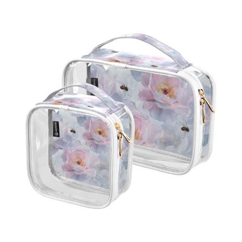 2er Set Waschbeutel Transparent Waschbeutel für Herren Pfingstrosen TSA zugelassen Pfingstrosen Art Blume Silber Weiß 1 Size, Pfingstrosen, Blumenmotiv, Silber und Weiß, 1 size von Amooorous