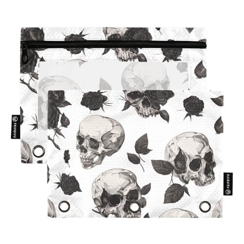 3 Ringe Pin Stifttaschen mit klarem Fenster schwarz und weiß Schädel Rose Federmäppchen mit Reißverschluss große Kapazität Binder 3 Ringe für Büro Schulbedarf Kosmetik mehrfarbig 2 Stück von Amooorous