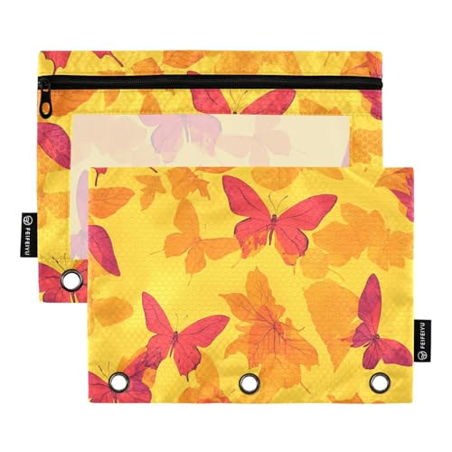 3 Ringe Reißverschluss mit klarem Fenster rot Schmetterling Ahornblatt Stifttasche Organizer groß und robust 3 Ringe für Lagerung Schule Bürobedarf mehrfarbig 2 Stück von Amooorous