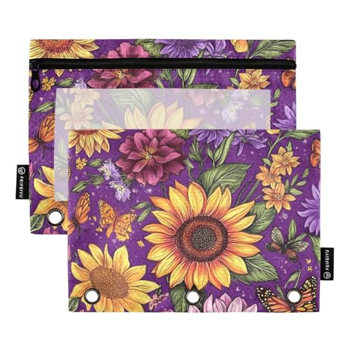 Aktentaschen 3 Ringe mit Reißverschluss mit transparentem Fenster Ölgemälde mit gelben Retro-Sonnenblumen-Federmäppchen Organizer in gemischten Farben 3 Löcher gestanzte Ordner für Schule, Büro und von Amooorous