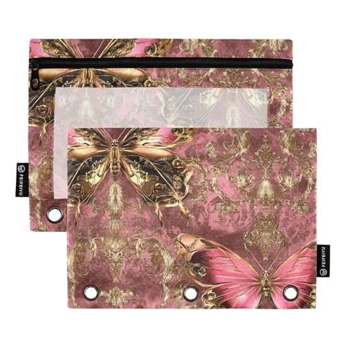 Aktentaschen 3 Ringe mit klarem Fenster Pfirsich Gold Vintage Schmetterlingsringe Federmäppchen groß und robust Federmäppchen 3 Schulklasse Büro Veranstalter mehrfarbig 2 Stück von Amooorous