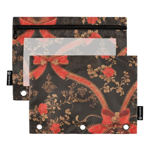 Aktentaschen 3 Ringe mit klarem Fenster rot und schwarz Schleife Blumen Bleistifttasche durchscheinend Fenster und Ösen 3 Loch Abdeckung für die Lagerung Schule Bürobedarf mehrfarbig 2 Stück von Amooorous