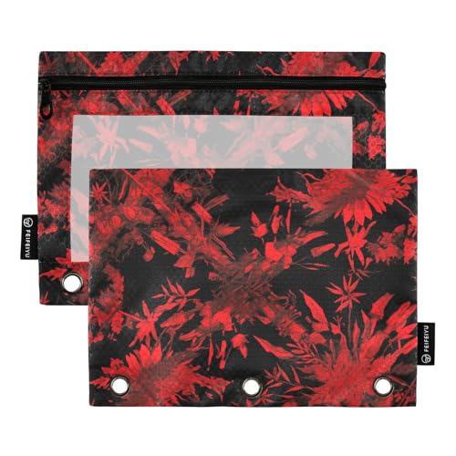 Aktentaschen 3 Ringe mit klarem Fenster rot und schwarz gotisch Blumen Stiftetaschen große Kapazität 3 Ringe Federmäppchen für Schule, Büro und Zuhause mehrfarbig 2 Stück von Amooorous