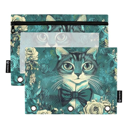 Aktentaschen mit Reißverschluss mit klarem Fenster Cartoon niedlich grüne Rose Katze Stifttaschen durchscheinend Fenster und Ösen Federmäppchen 3 Ringe für Schule, Büro und Zuhause mehrfarbig 2 Stück von Amooorous